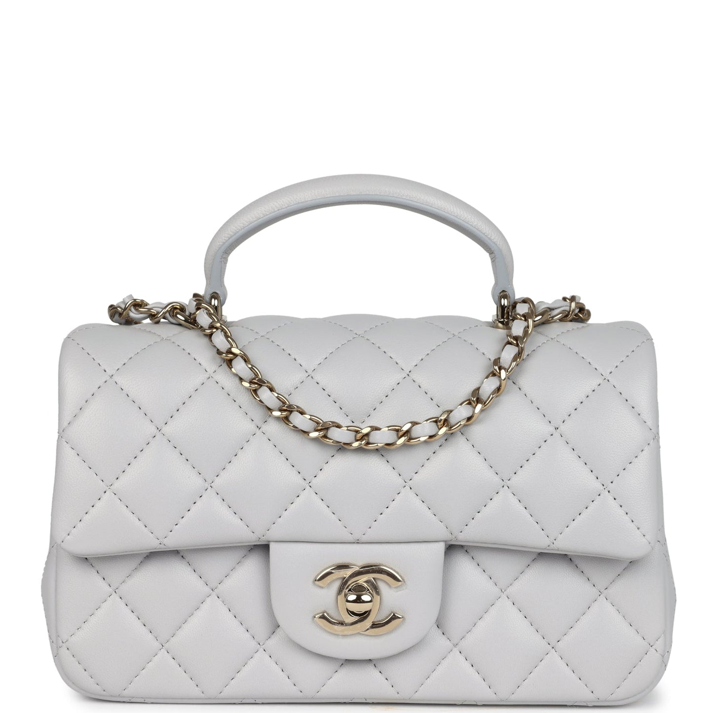 Chanel Mini Rectangular Flap Bag with Top Handle Light Grey Lambskin Light Gold Hardware