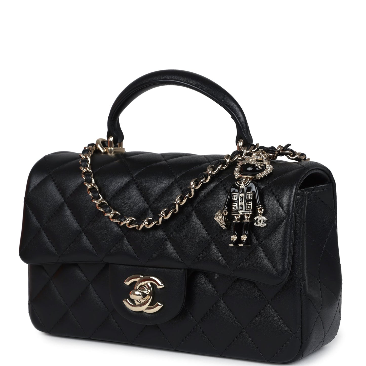 Chanel Mini Rectangular Top Handle Flap Bag Black Lambskin Light Gold Hardware