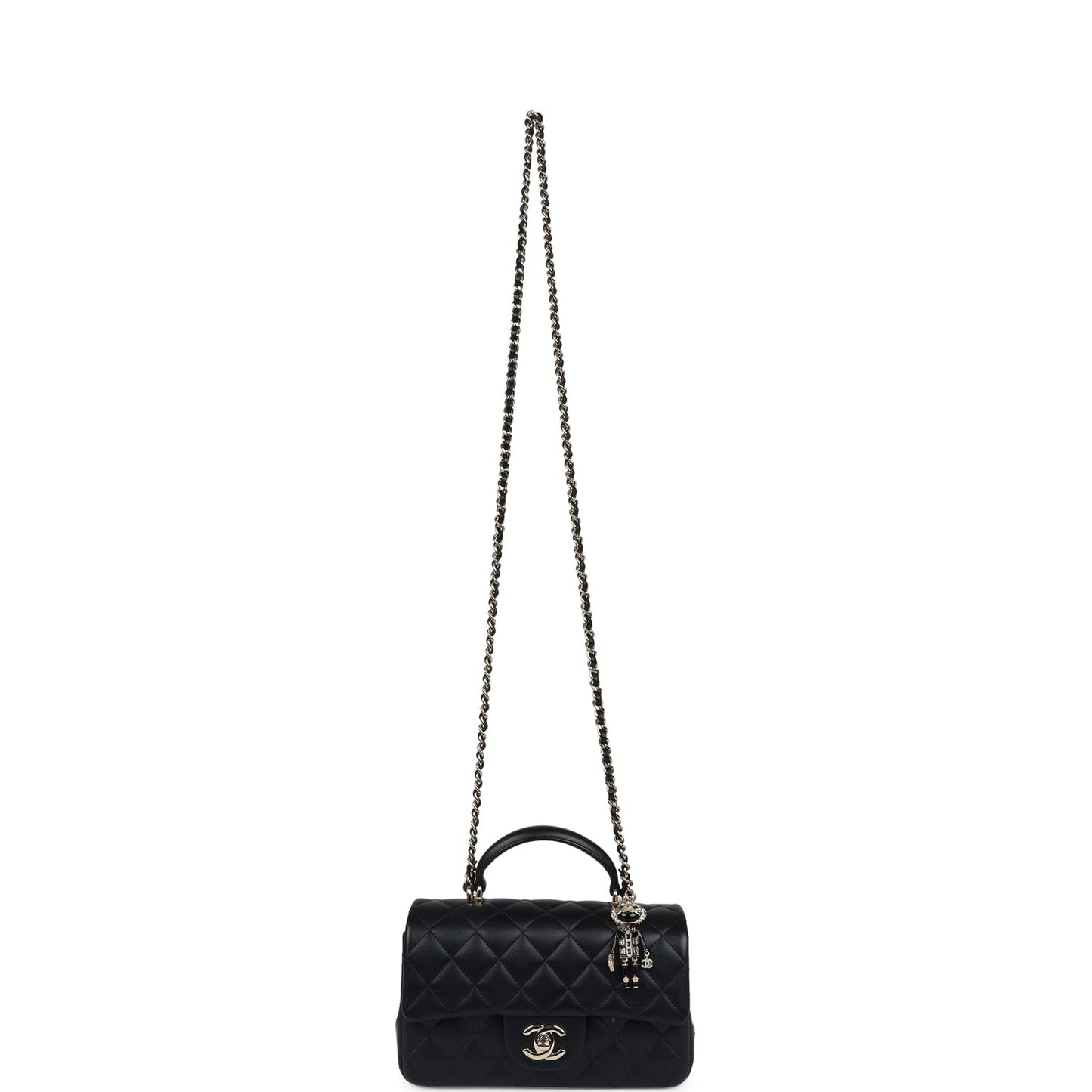 Chanel Mini Rectangular Top Handle Flap Bag Black Lambskin Light Gold Hardware