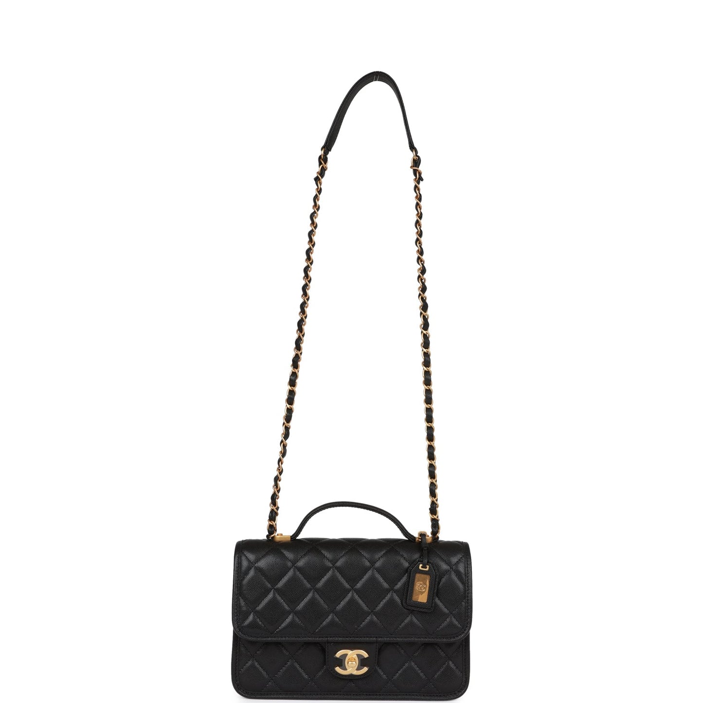 Chanel School Memory Top Handle Flap Bag Black Caviar Antique Gold Hardware