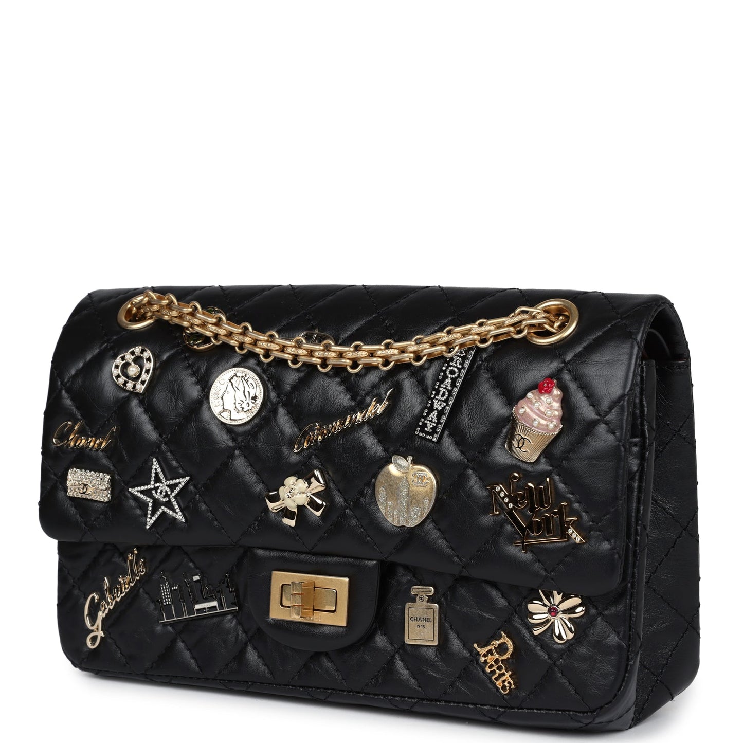 Chanel Small Reissue 225 2.55 Double Flap Lucky Charms Black Aged Calfskin Antique Gold Hardware