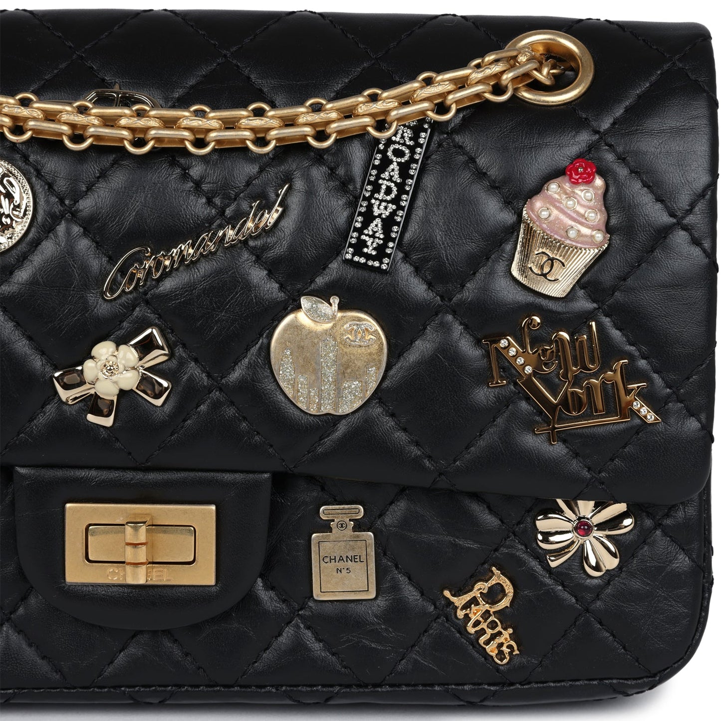 Chanel Small Reissue 225 2.55 Double Flap Lucky Charms Black Aged Calfskin Antique Gold Hardware