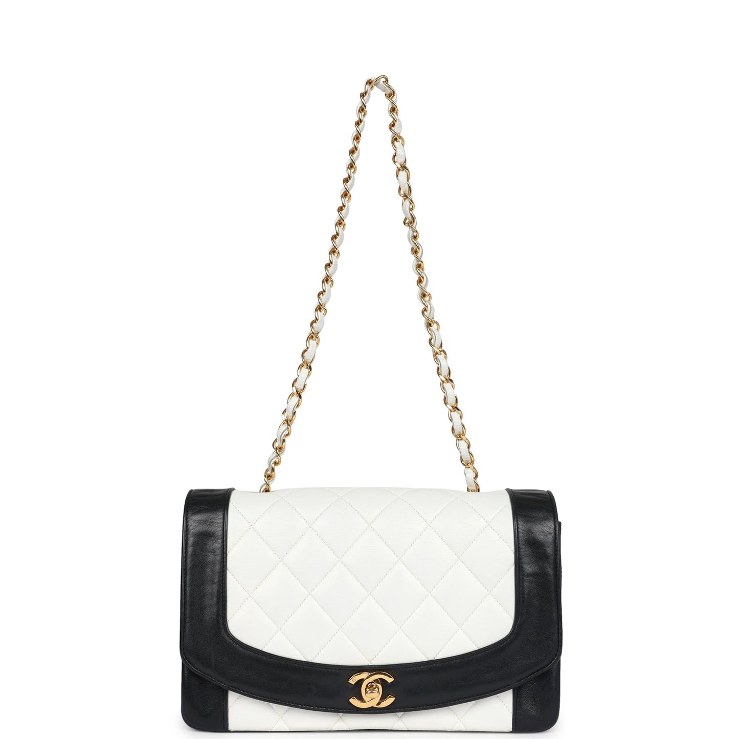 Vintage Chanel Medium Diana Flap Bag White and Black Lambskin Gold Hardware