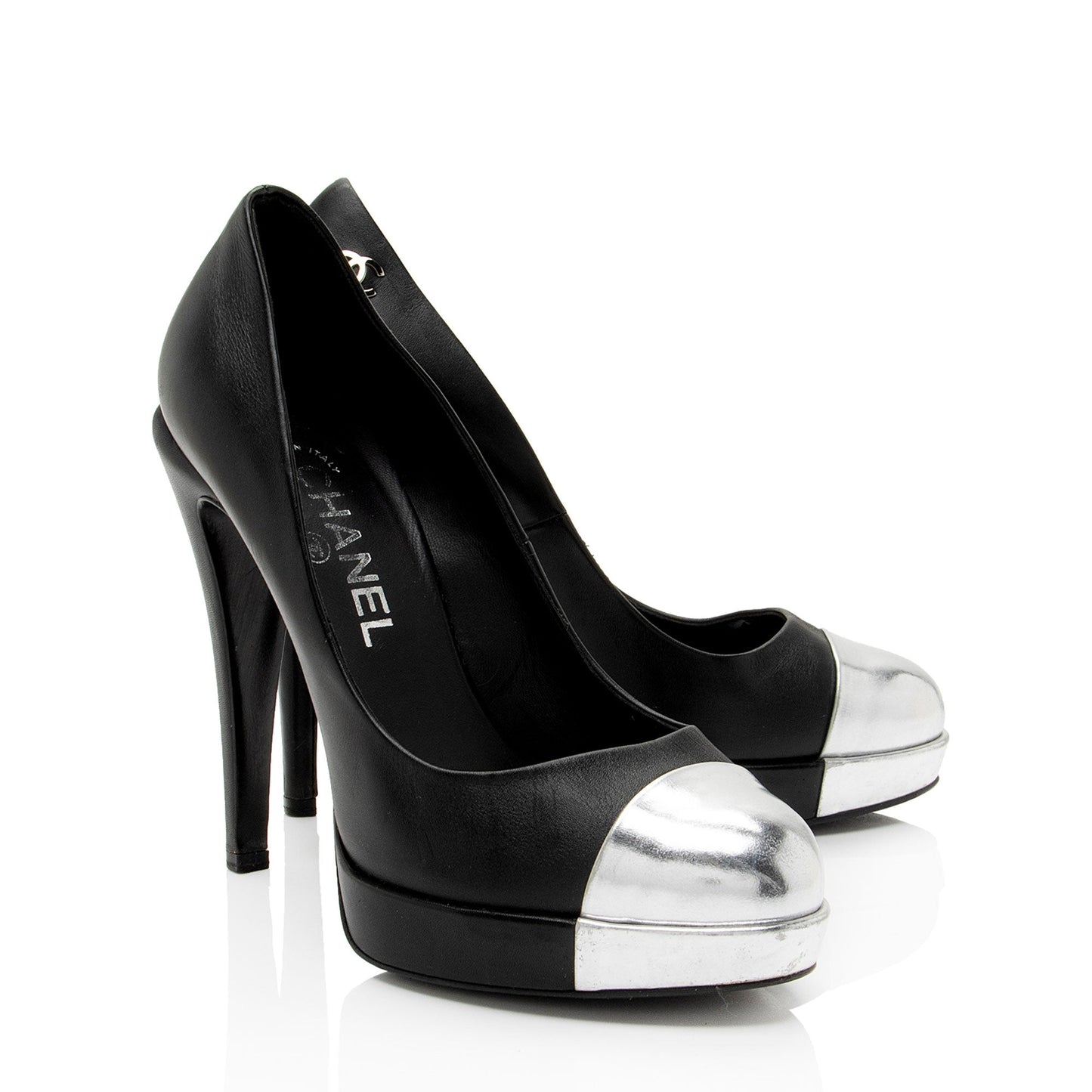 Chanel Calfskin CC Metallic Cap Toe Platform Pumps - Size 8 / 38 (SHF-v5Mlv1)