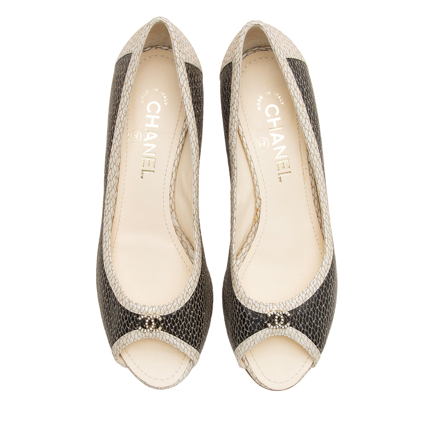 Chanel Calfskin Fishnet Pearl CC Peep Toe Pumps - Size 8.5 / 38.5 (SHF-vEnp7b)