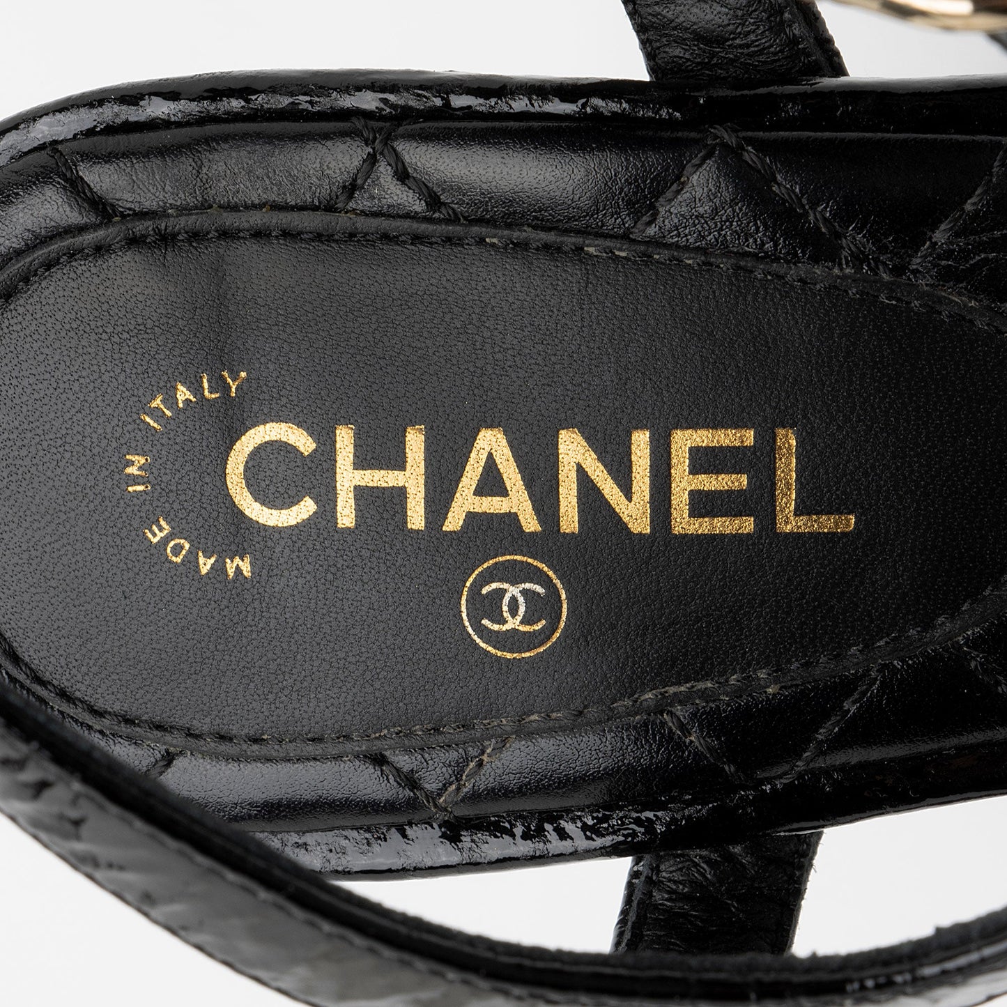 Chanel Crinkled Patent Leather Camellia Sandals - Size 8 / 38