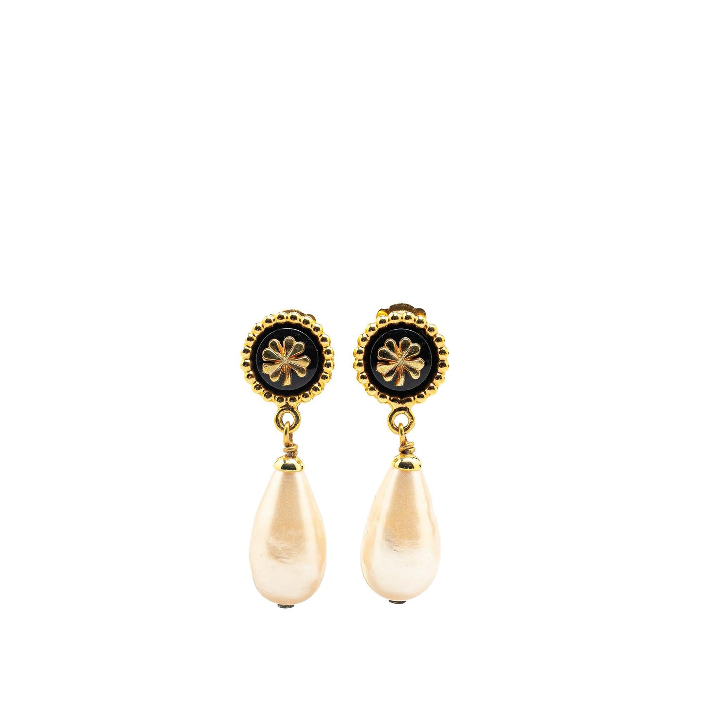 Chanel Gold Plated Clover Faux Pearl Drop Earrings