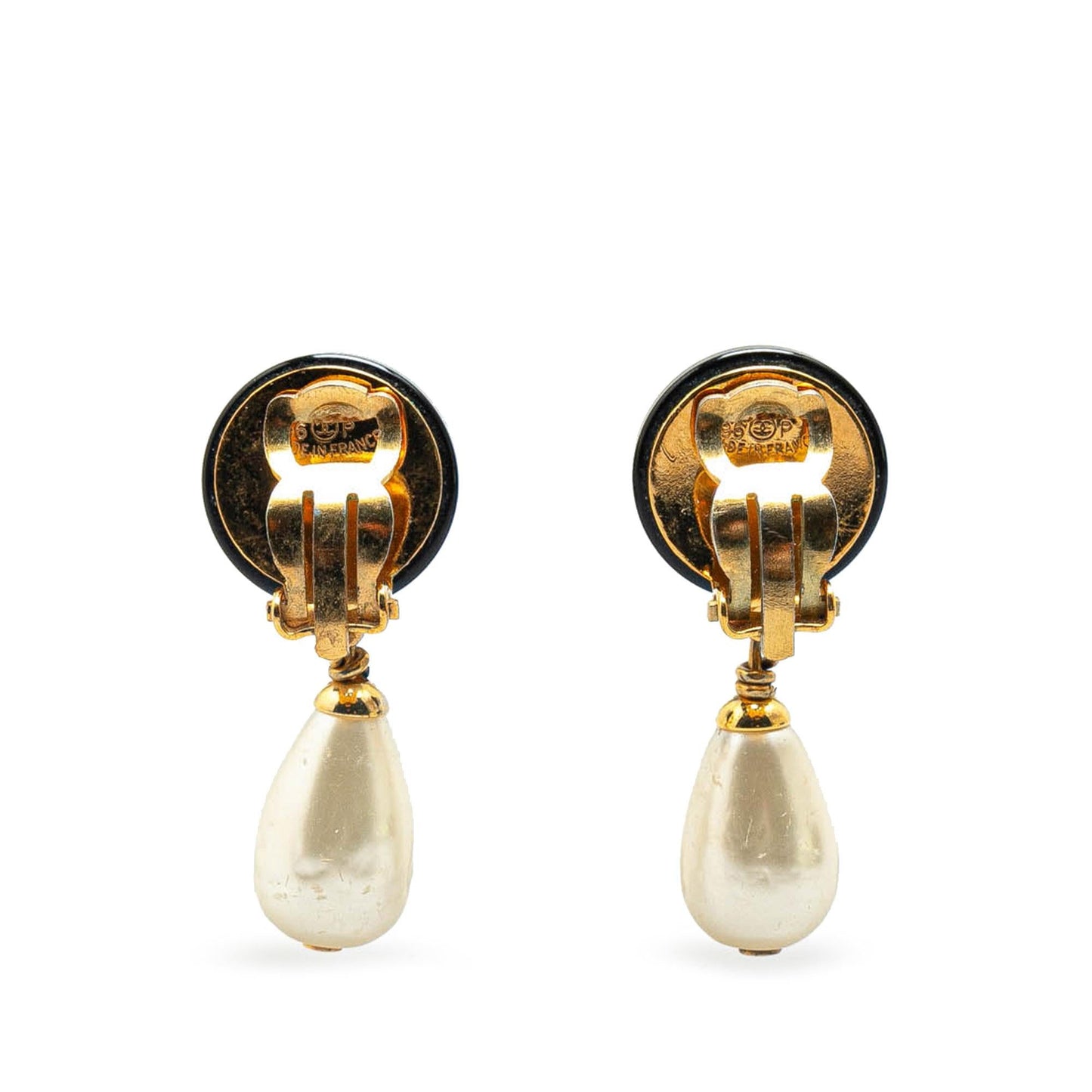 Chanel Gold Plated Faux Pearl CC Drop Clip On Earrings