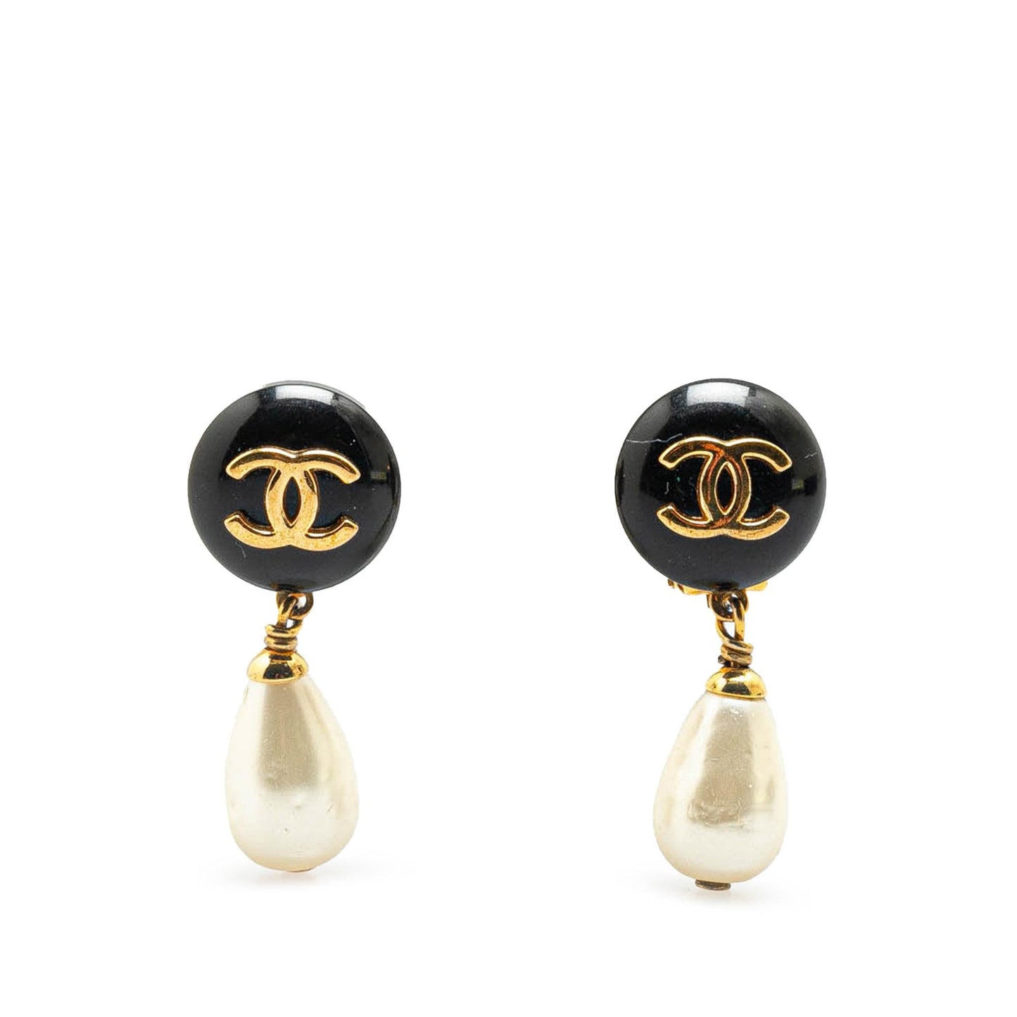 Chanel Gold Plated Faux Pearl CC Drop Clip On Earrings