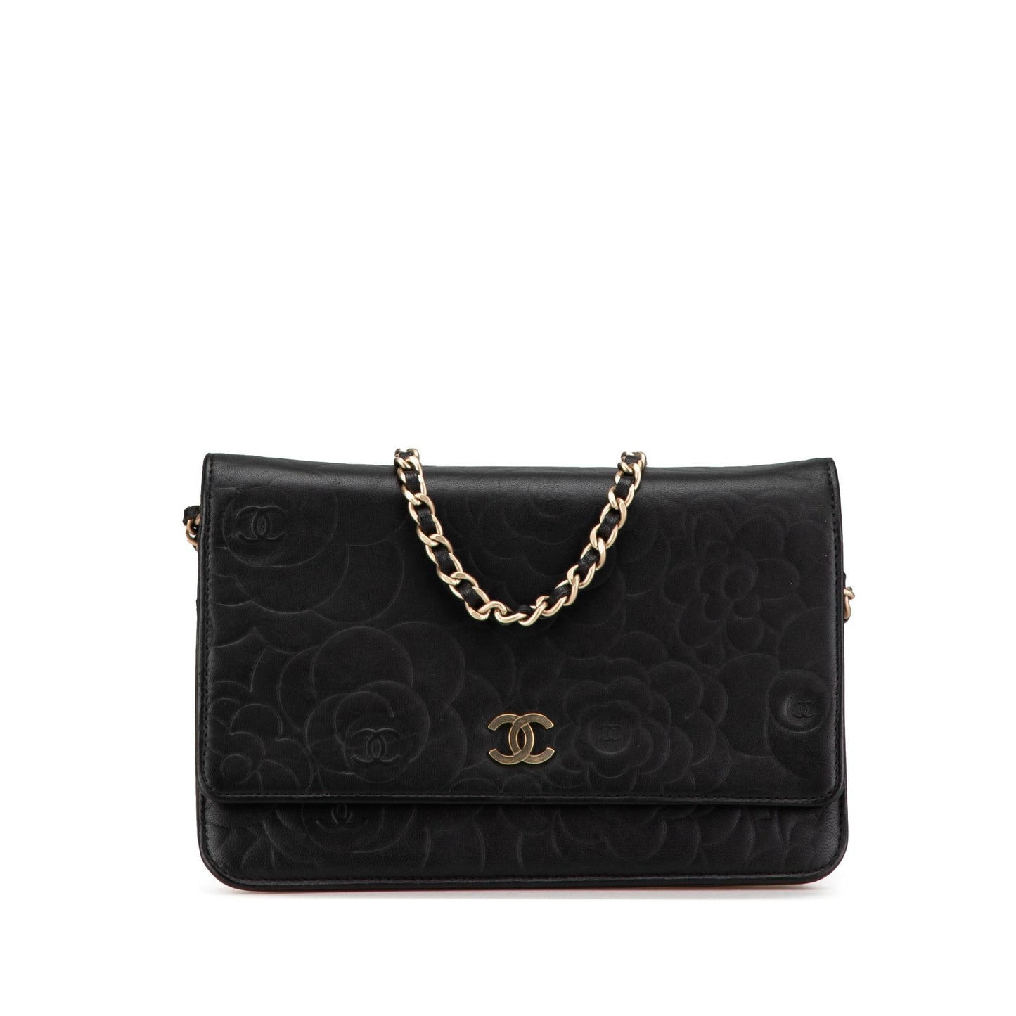 Chanel Lambskin Camellia Embossed Wallet On Chain