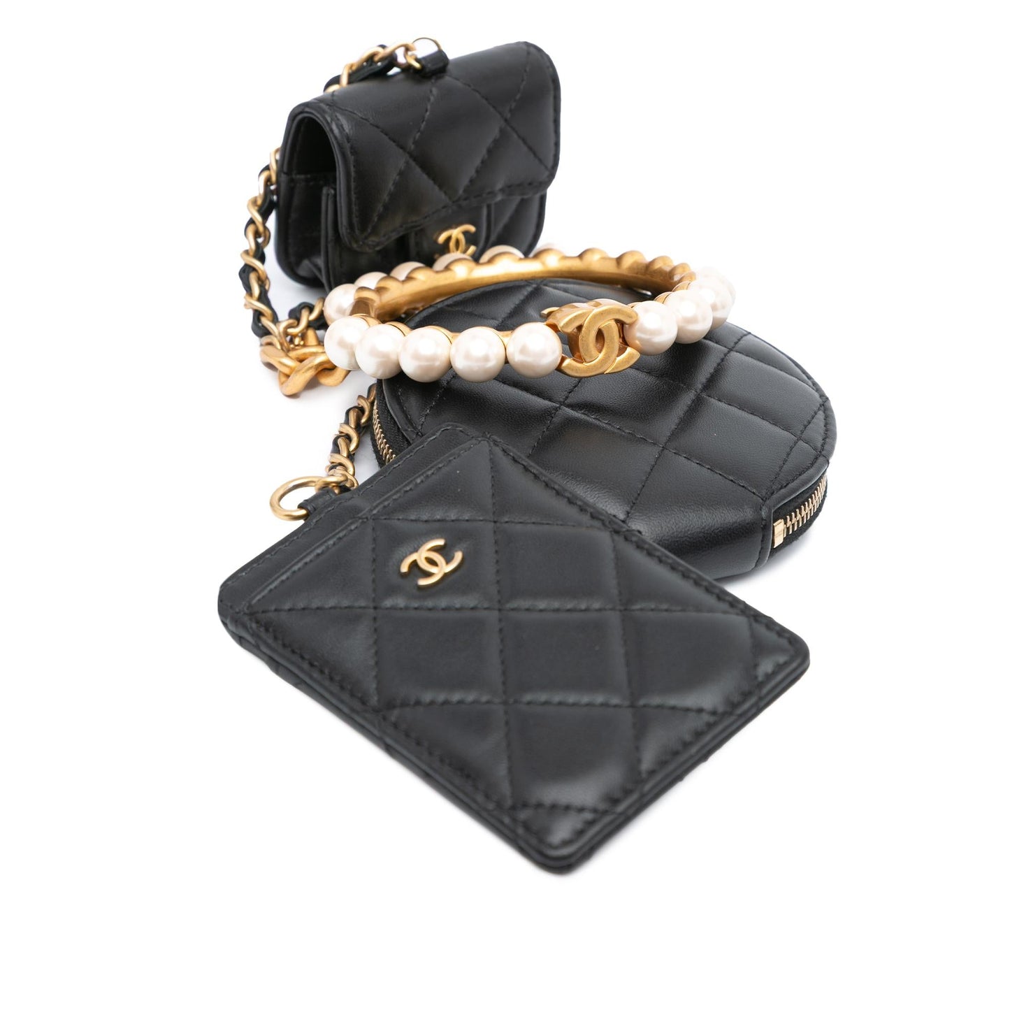 Chanel Lambskin Pearl Crown CC Wristlet Multi Pouches