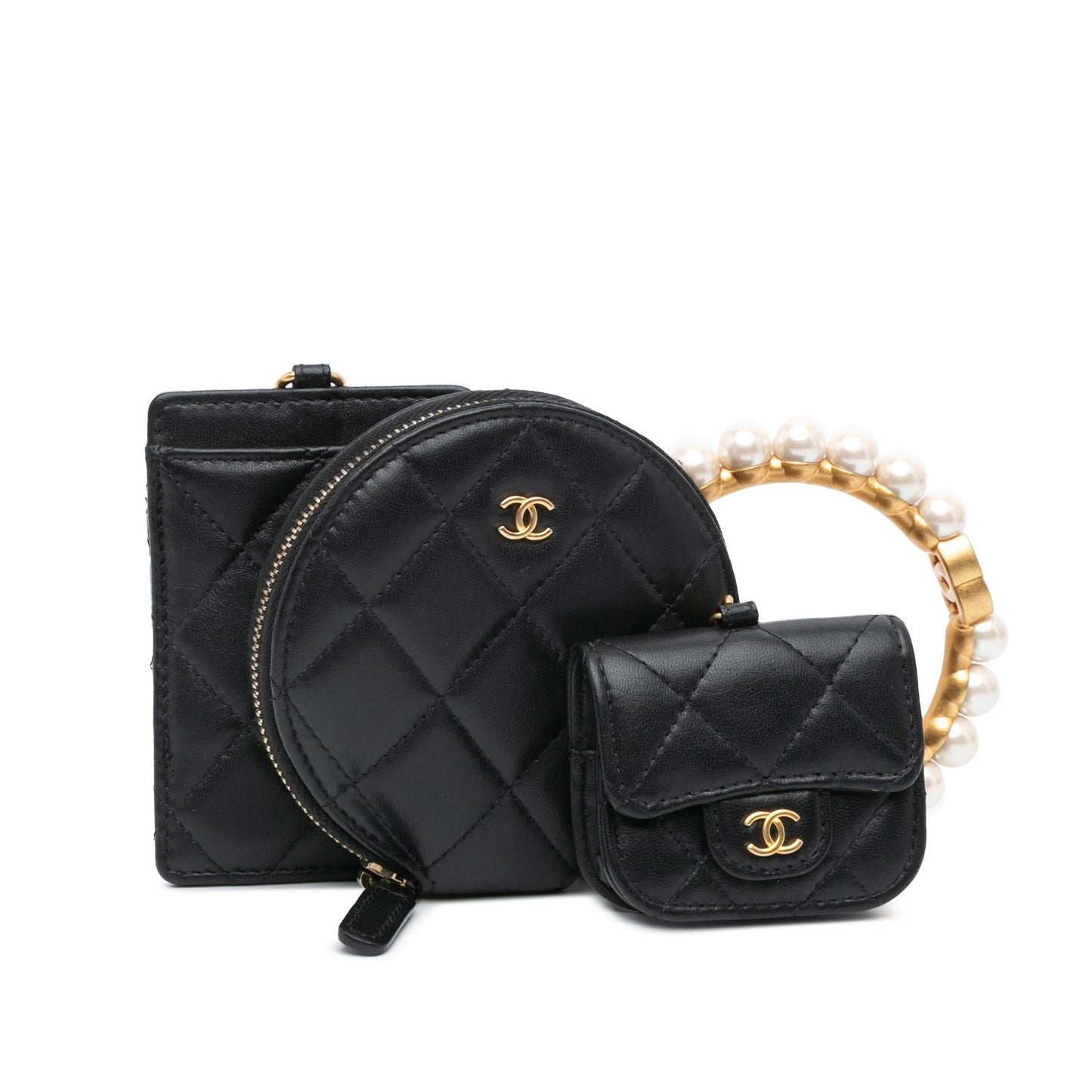 Chanel Lambskin Pearl Crown CC Wristlet Multi Pouches