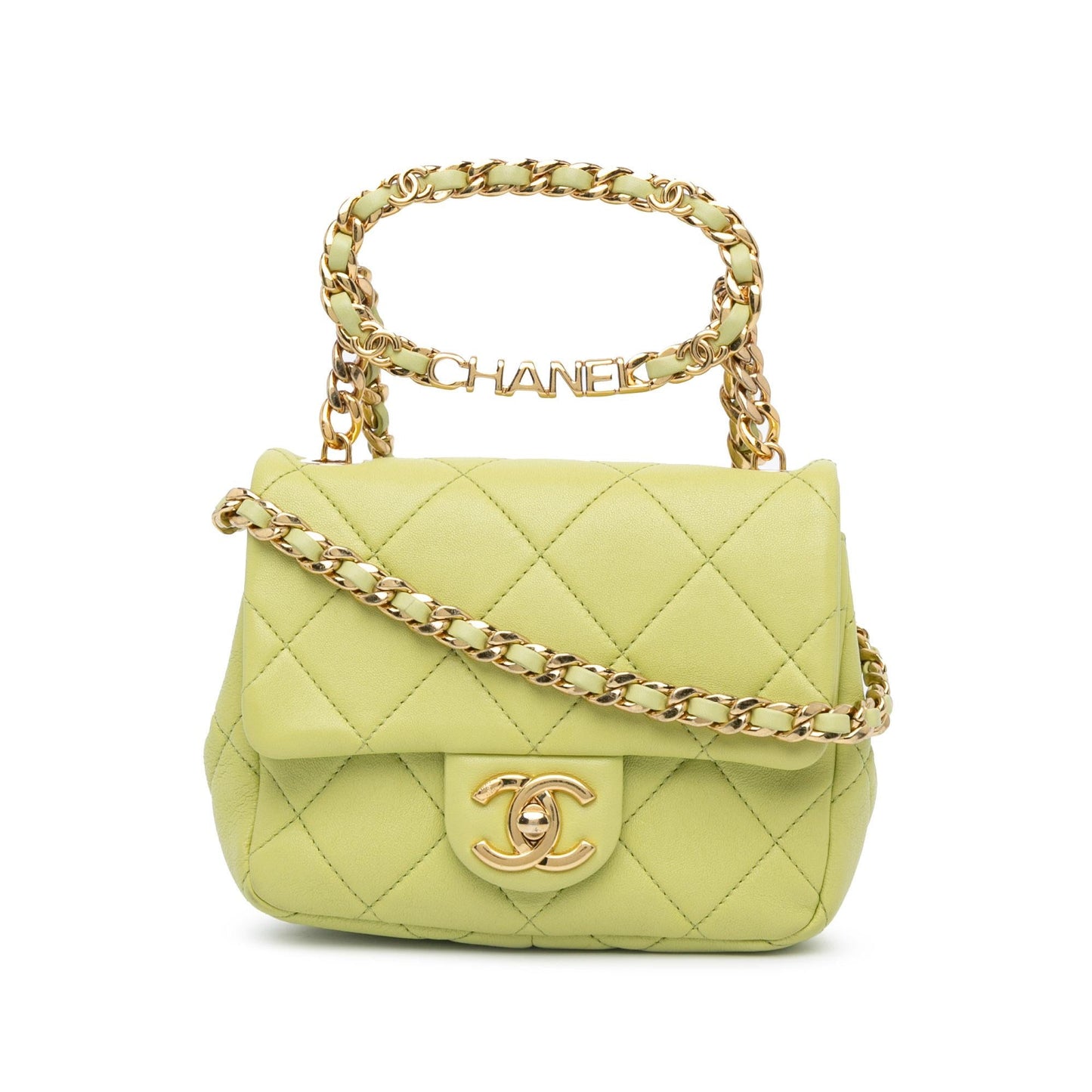 Chanel Mini Quilted Lambskin Oval Logo Chain Top Handle Flap