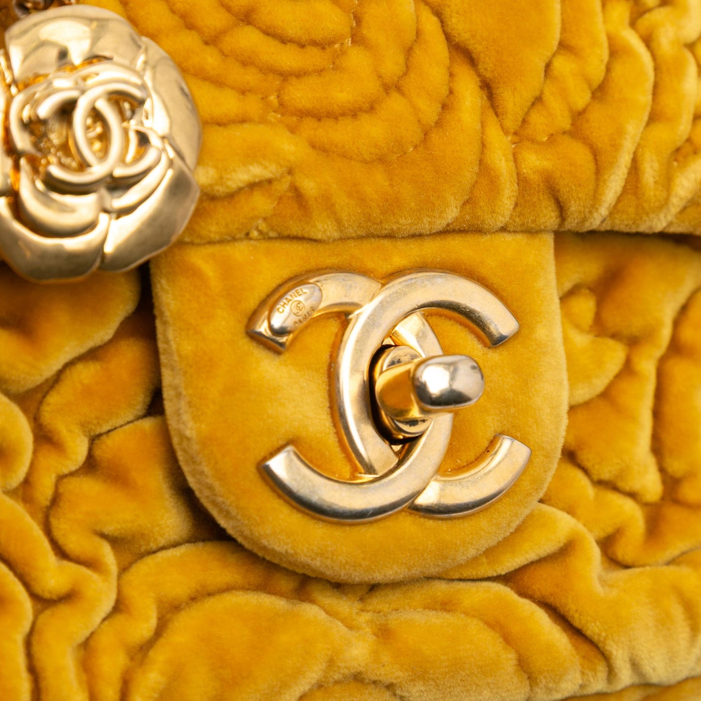 Chanel Mini Square Velvet Camellia Embossed Flap