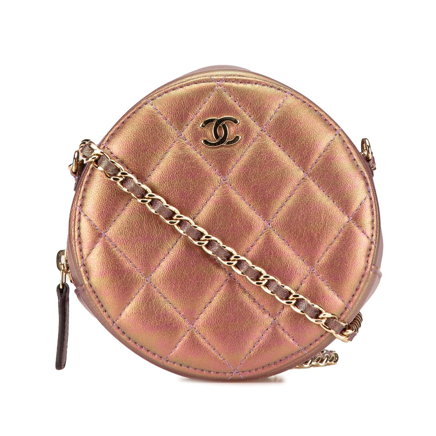 Chanel Quilted Iridescent Lambskin Round Clutch With Chain