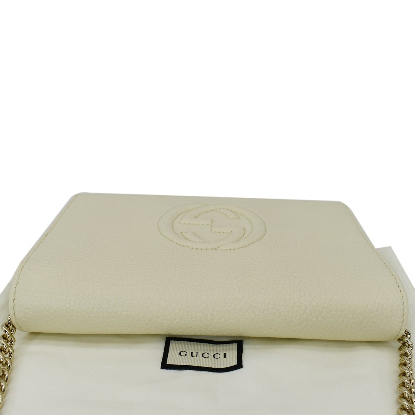 GUCCI Mini Soho Pebbled Leather Wallet On Chain Crossbody Bag Cream 598211