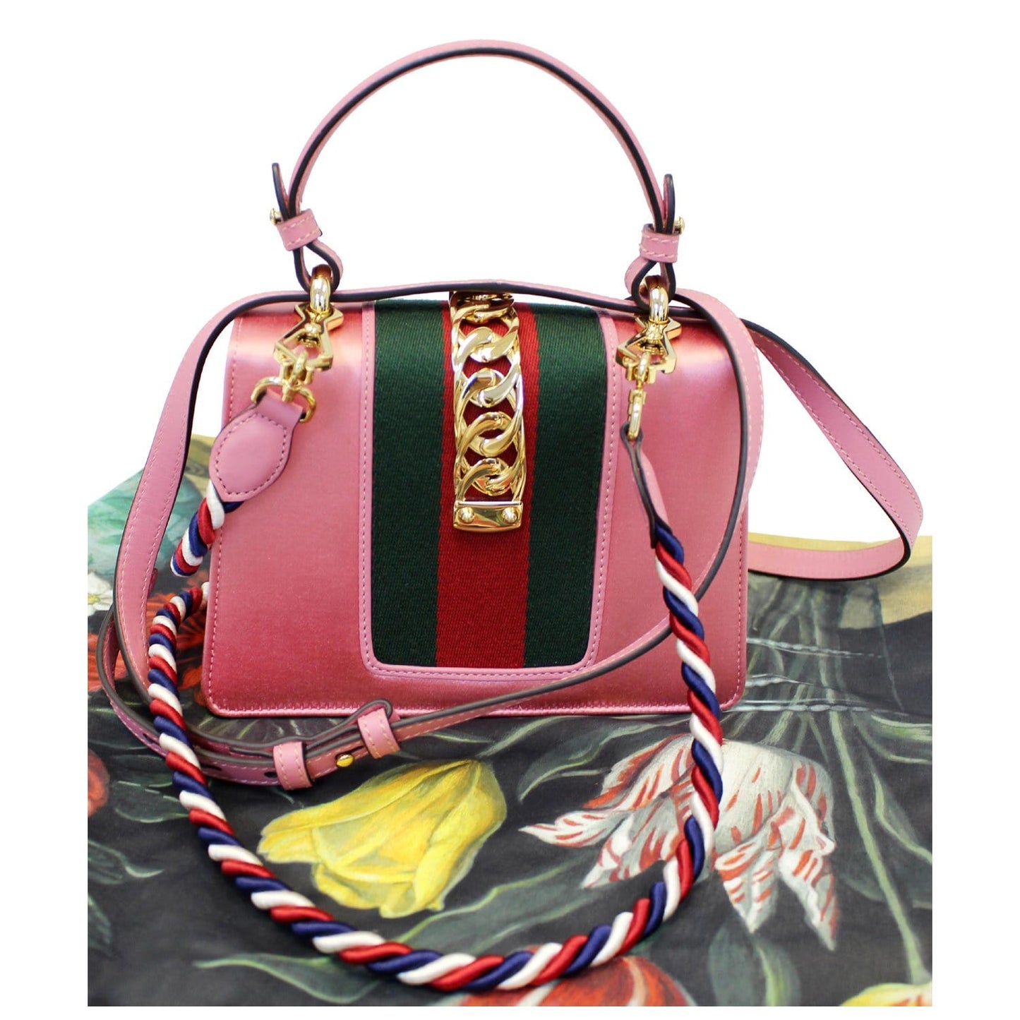 GUCCI Mini Sylvie Satin Crystal Shoulder Bag Peony