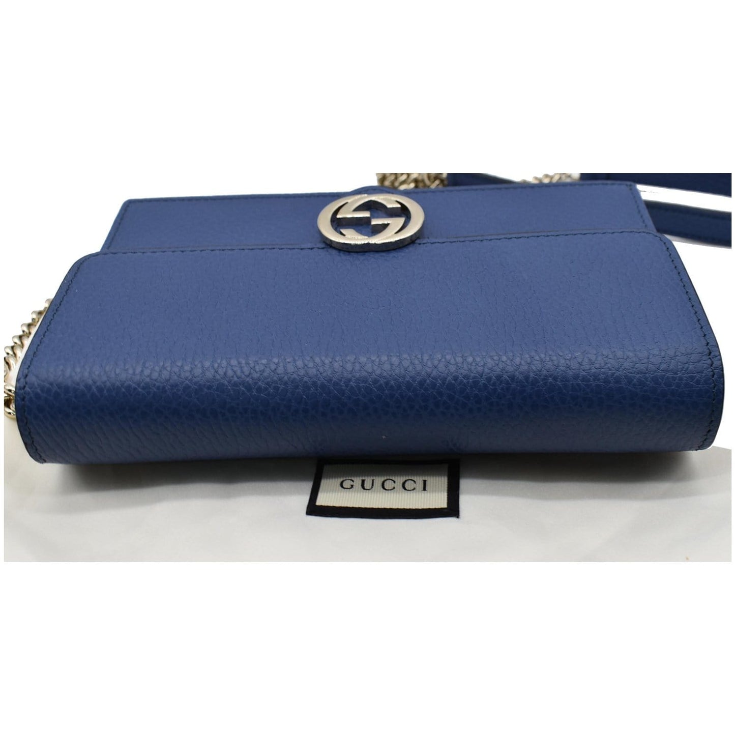 GUCCI Dollar Interlocking G Calfskin Leather Chain Wallet Crossbody Bag Blue 510314