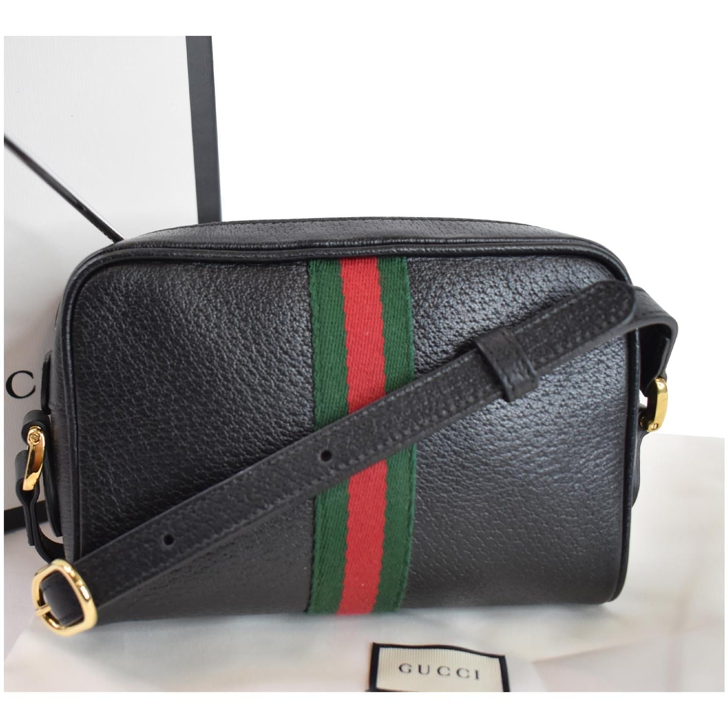 GUCCI Ophidia Mini GG Web Leather Crossbody Bag Black 517350