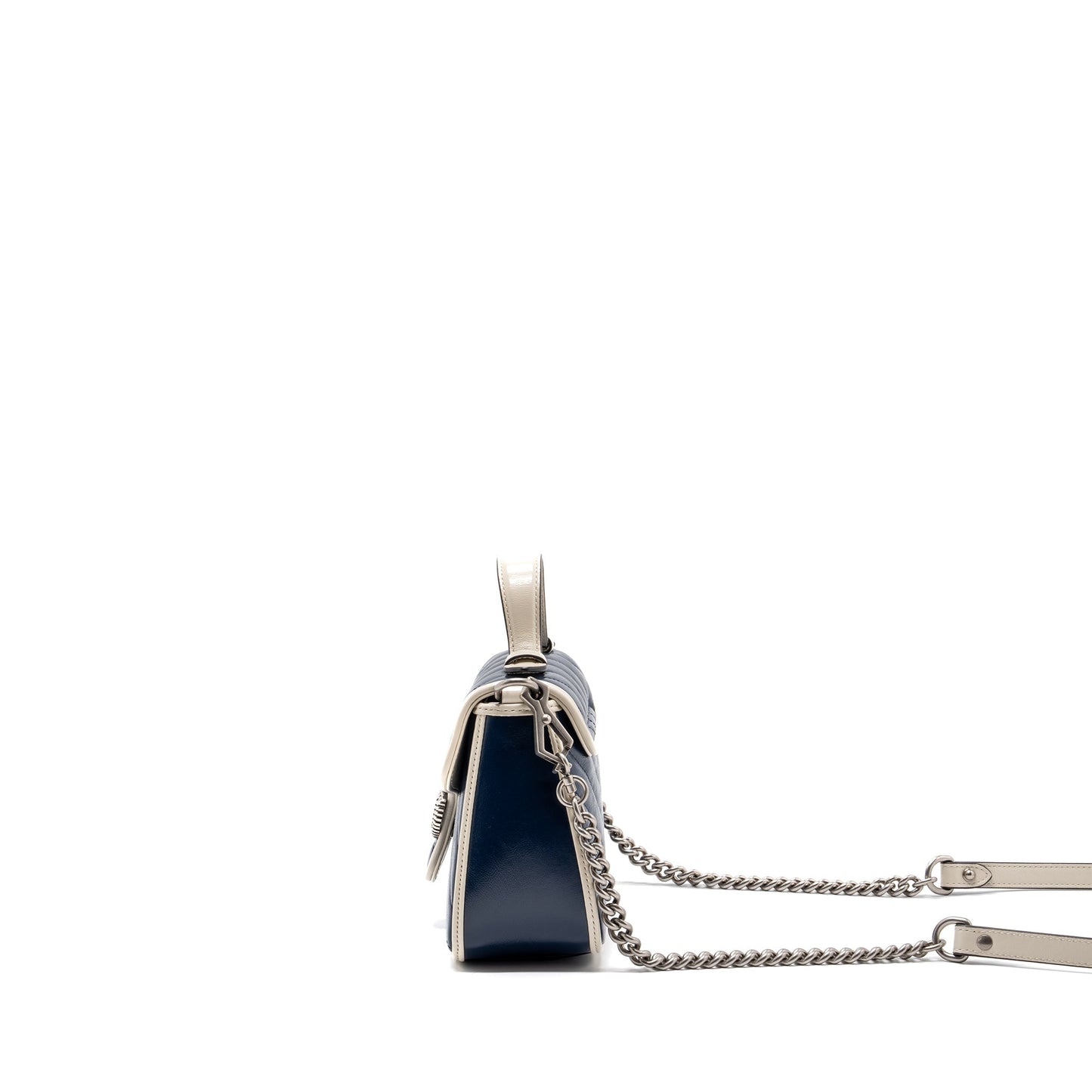 Gucci GG Marmont Top Handle Bag Calfskin Navy/ White