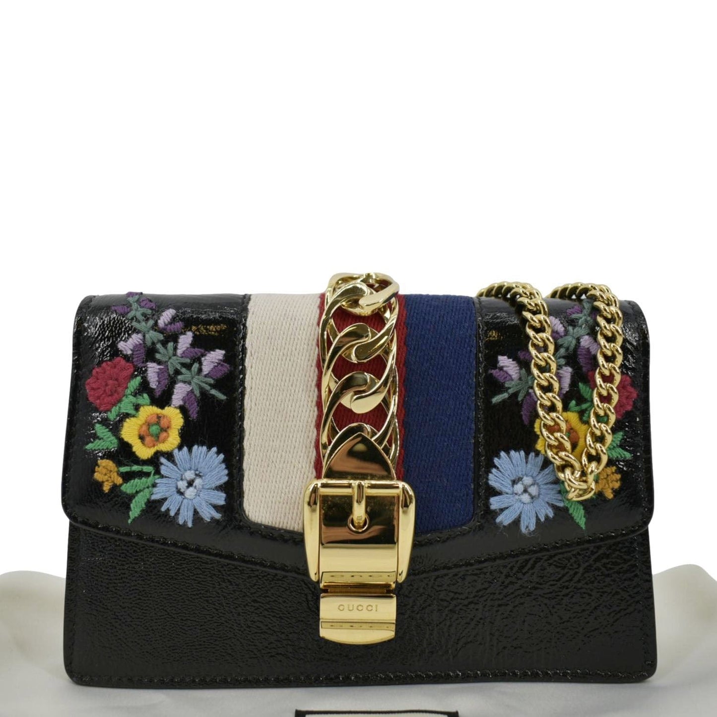 GUCCI Sylvie Super Mini Embroidered Leather Crossbody Chain Wallet Black 494646