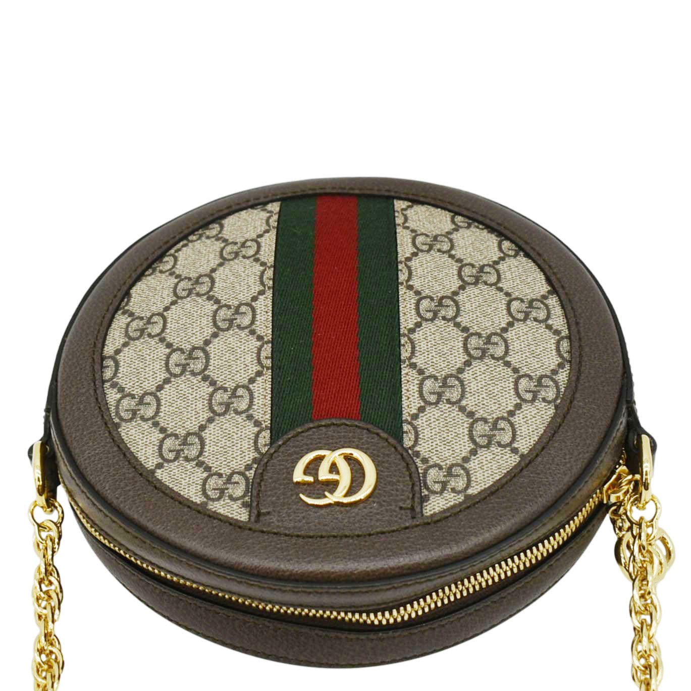GUCCI Ophidia Mini GG Round Supreme Monogram Web Crossbody Bag Beige 550618