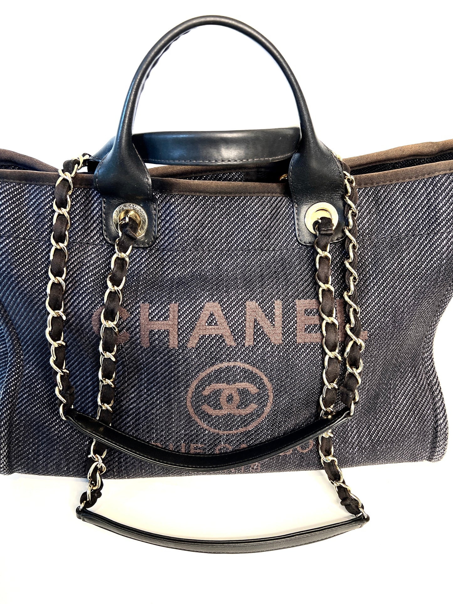 Chanel Deauville Medium Tote Navy Blue Denim Shopping Bag - Preloved