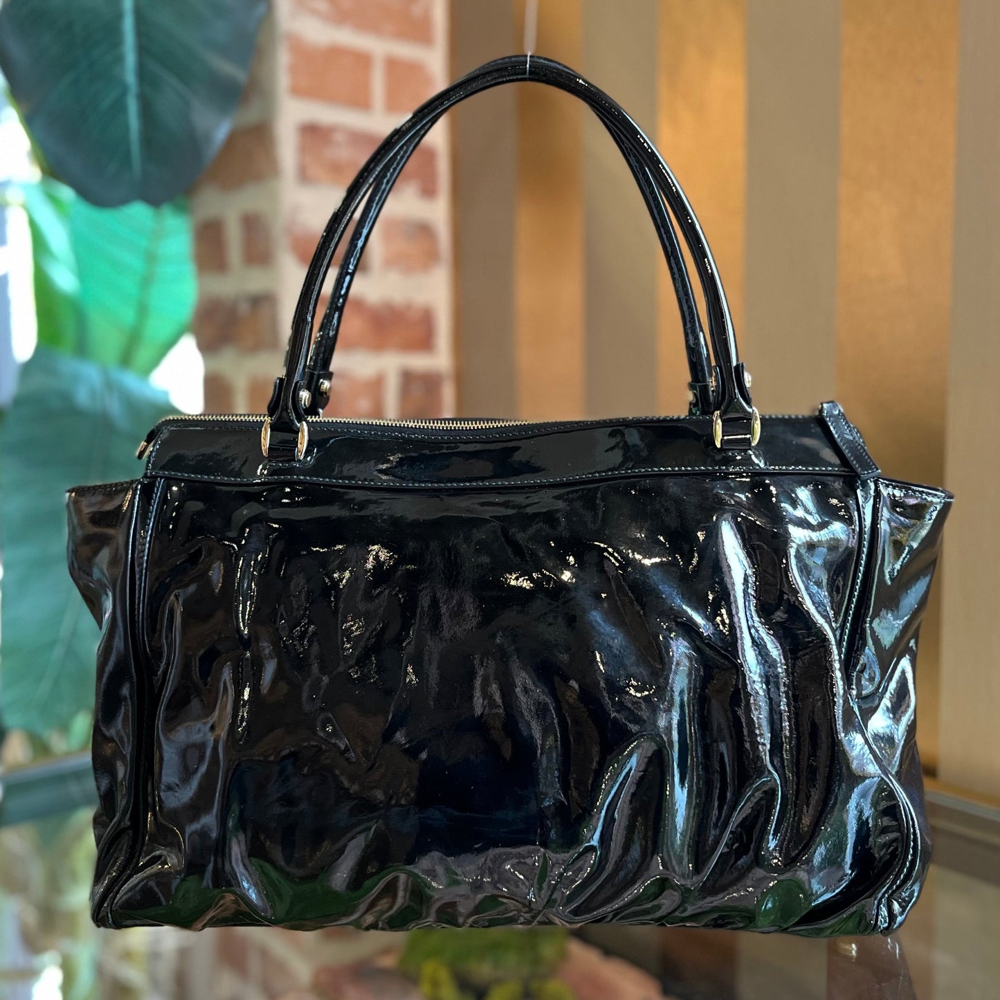 GUCCI Black Patent Leather D Ring Tote Bag