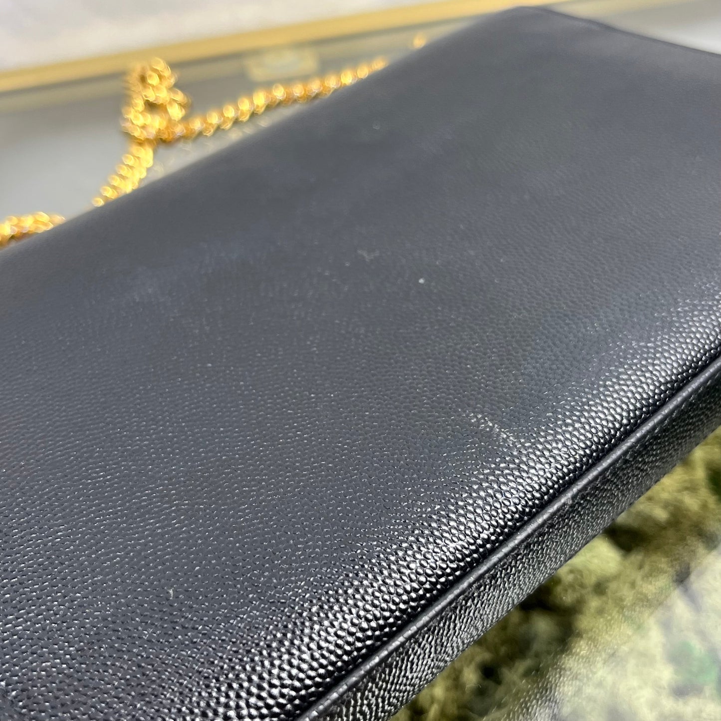 SAINT LAURENT Wallet on Chain Black Grain De Poudre Star Studded Monogram Crossbody