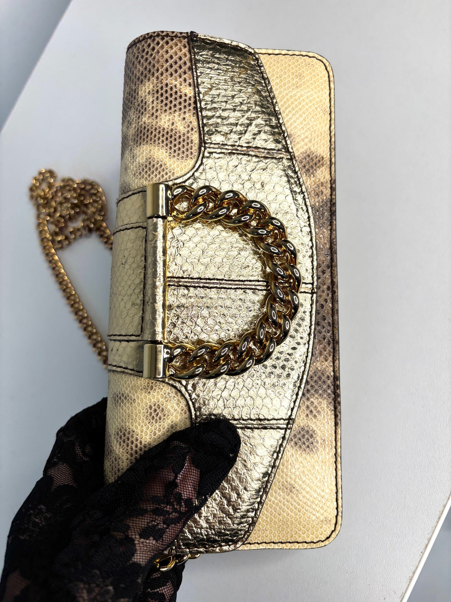 Dolce & Gabbana Serpente Snakeskin Gold Chain Crossbody Shoulder Bag - Preloved