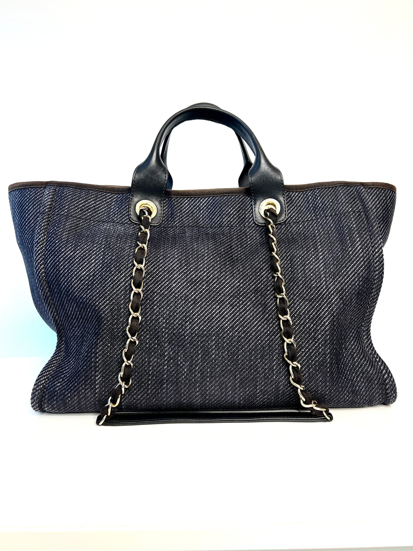 Chanel Deauville Medium Tote Navy Blue Denim Shopping Bag - Preloved