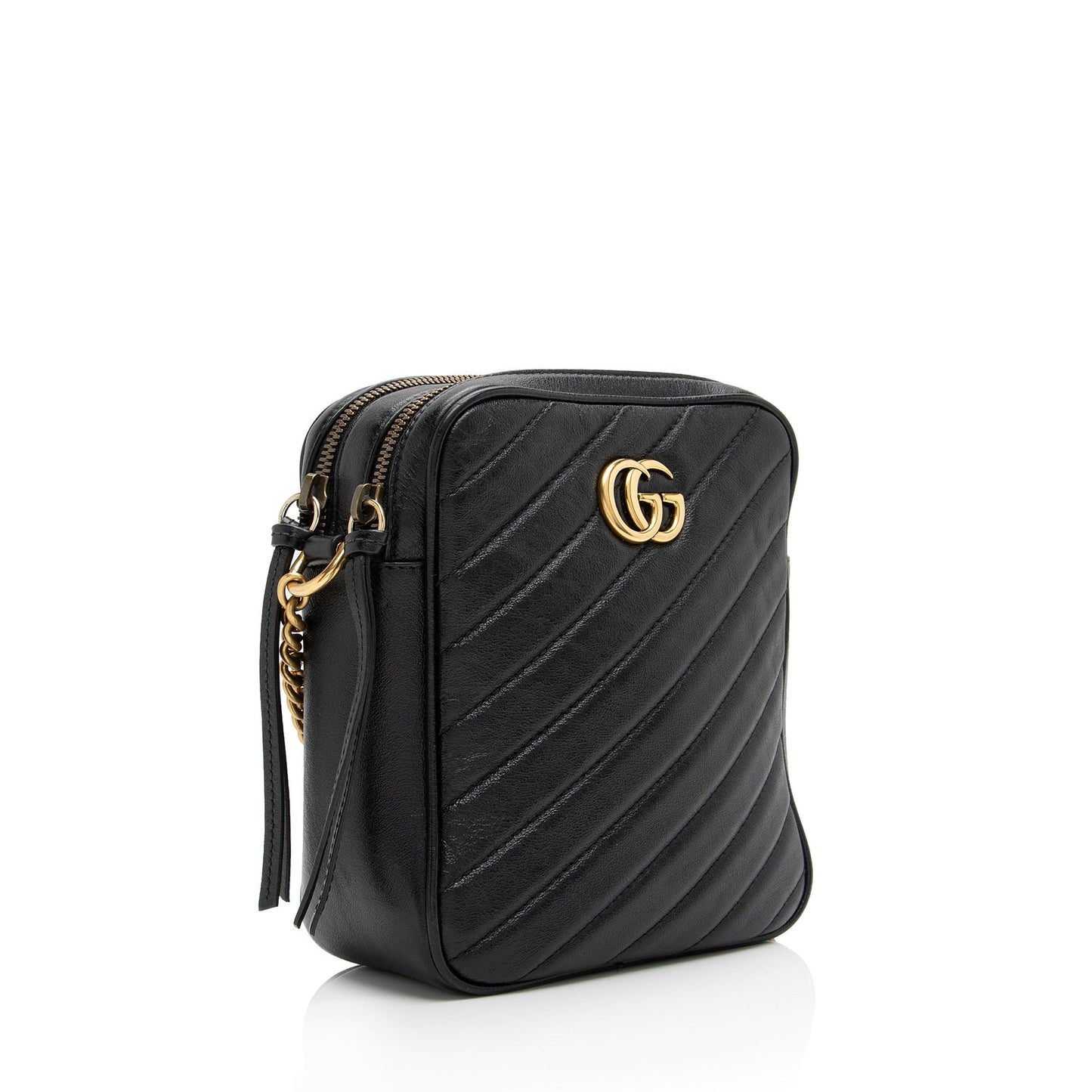 Gucci Diagonal Matelasse Leather GG Marmont Double Zip Mini Camera Bag