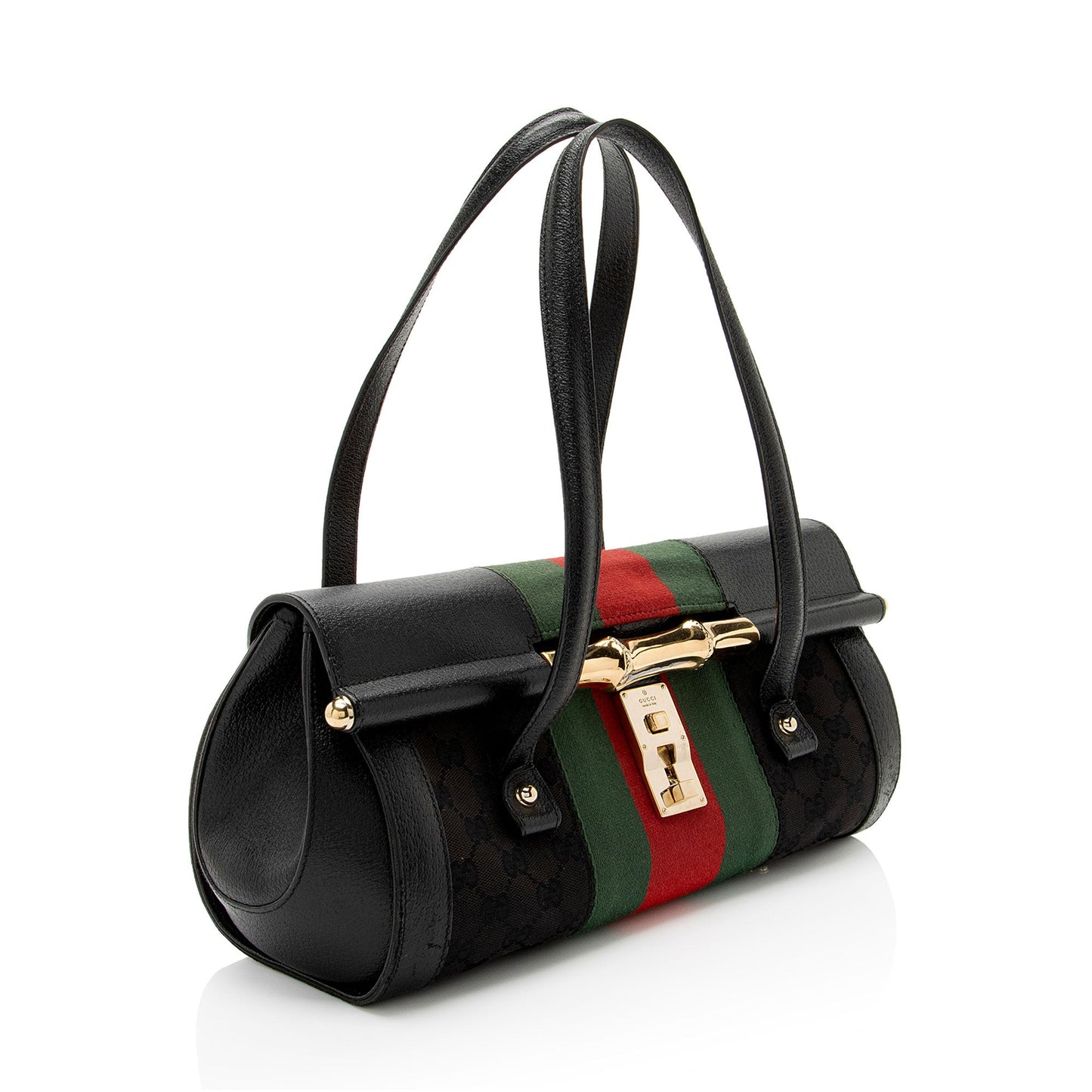 Gucci Leather Studded Web Bamboo Bullet Medium Satchel