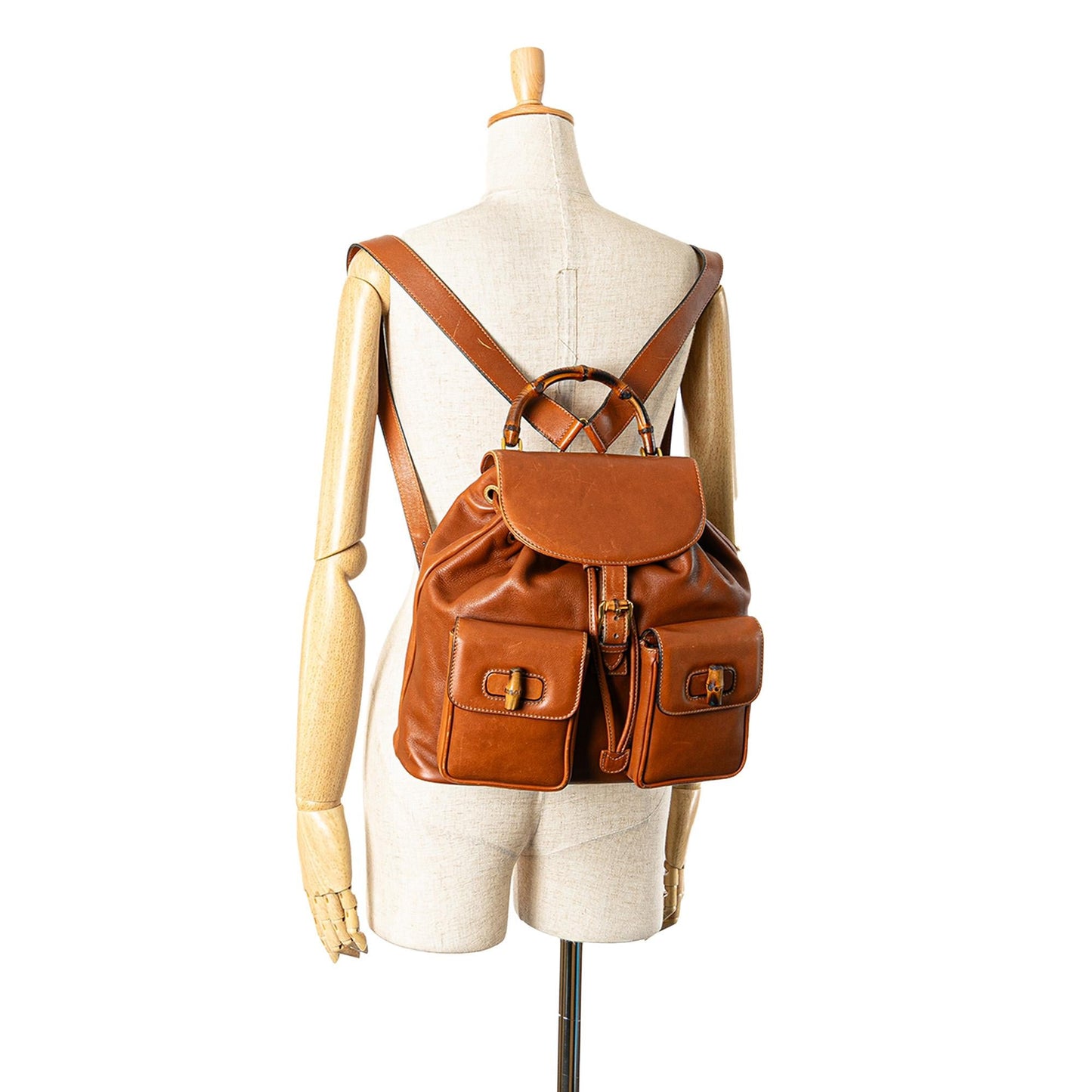 Gucci Leather Bamboo Drawstring Backpack