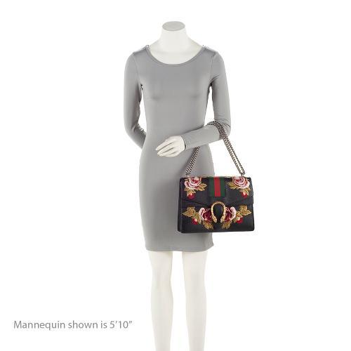 Gucci Leather Embroidered Rose Dionysus Medium Shoulder Bag (SHF-7coiPQ)