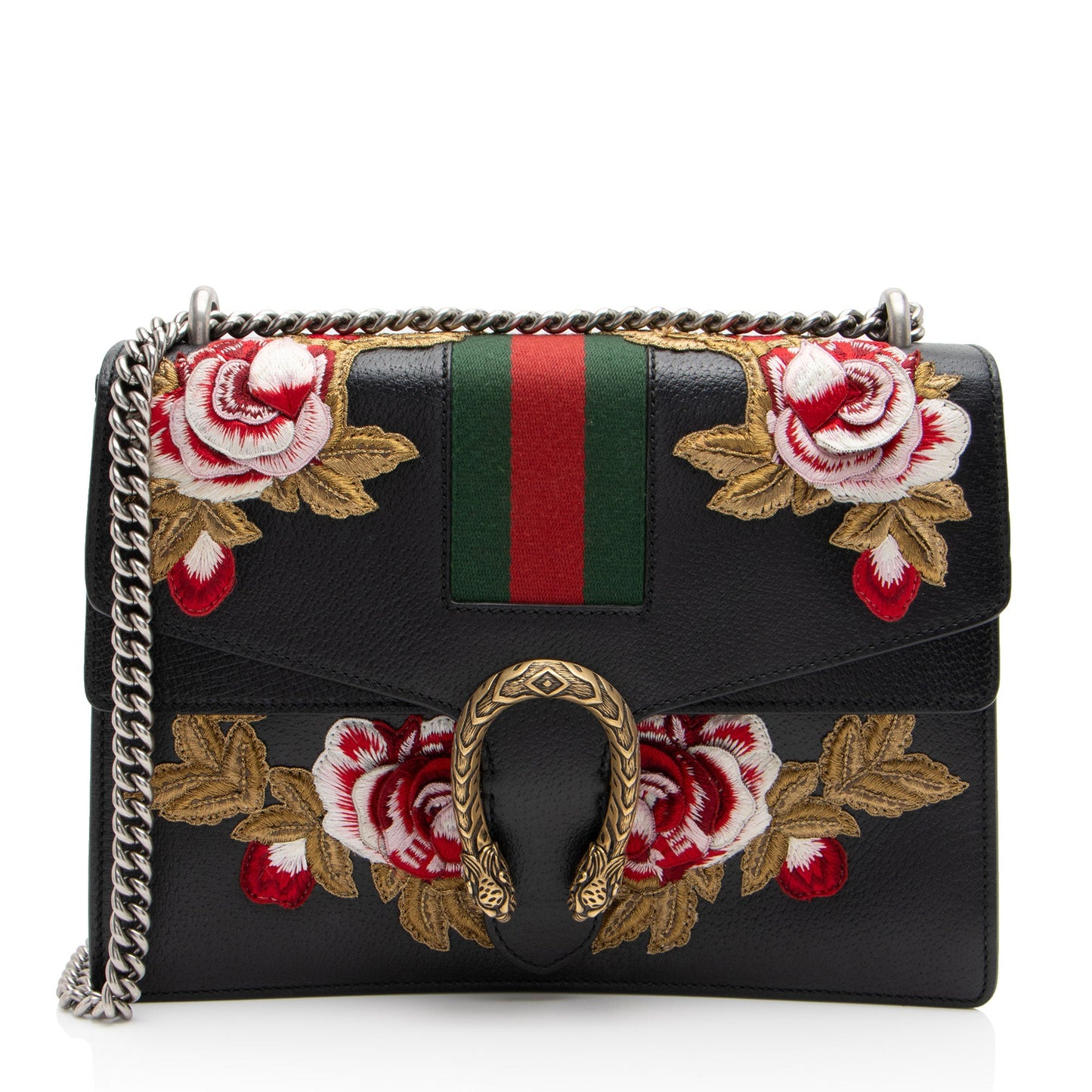 Gucci Leather Embroidered Rose Dionysus Medium Shoulder Bag (SHF-NIvfQT)