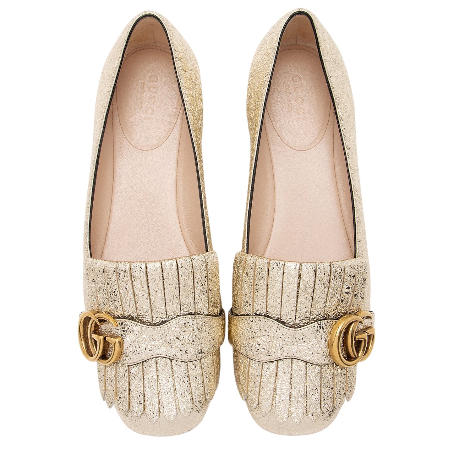 Gucci Metallic Laminate Calfskin GG Marmont Fringe Flats - Size 7 / 37 (SHF-kBjuo2)