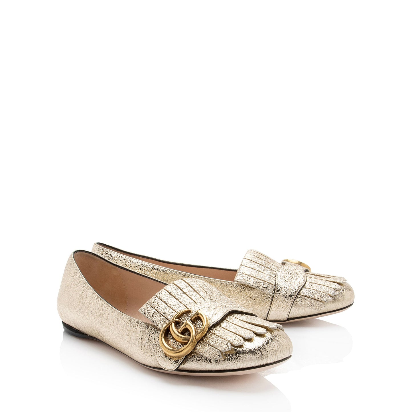 Gucci Metallic Laminate Calfskin GG Marmont Fringe Flats - Size 7 / 37 (SHF-kBjuo2)