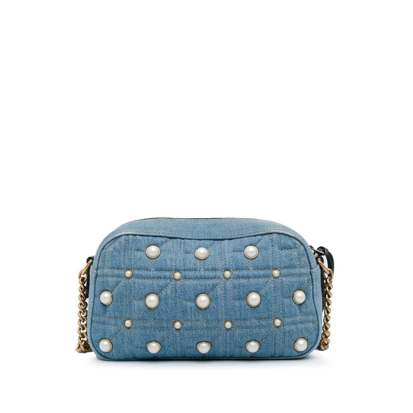 Gucci Small GG Marmont Pearl Studded Denim Crossbody Bag (SHG-phY0r4)