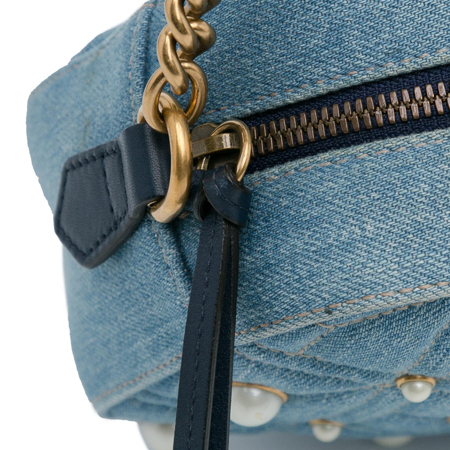 Gucci Small GG Marmont Pearl Studded Denim Crossbody Bag (SHG-phY0r4)