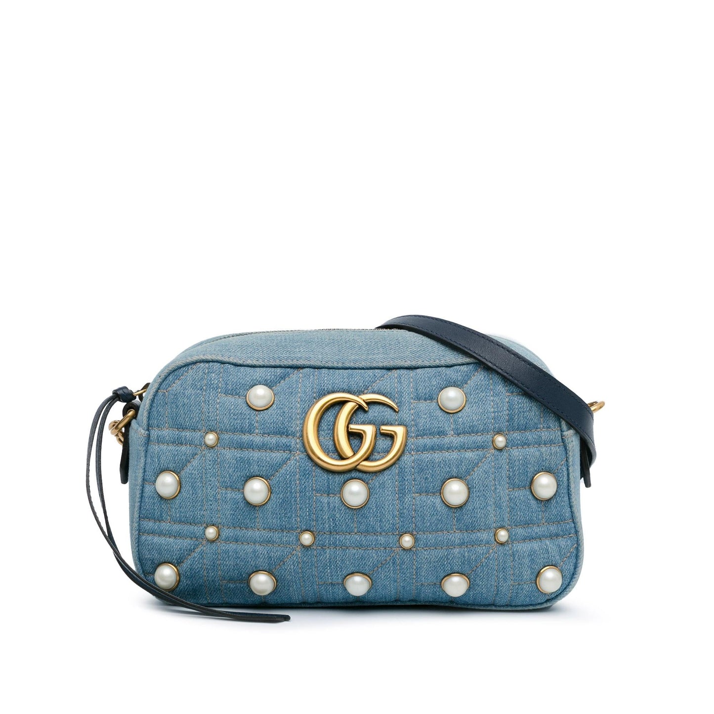 Gucci Small GG Marmont Pearl Studded Denim Crossbody Bag (SHG-phY0r4)