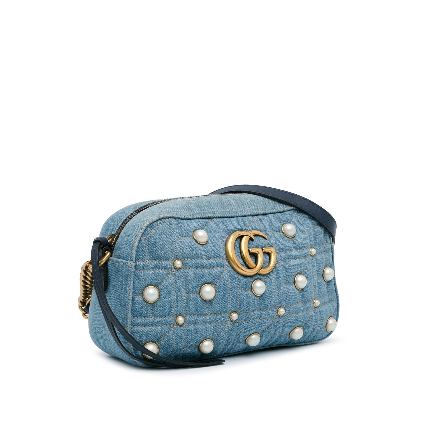 Gucci Small GG Marmont Pearl Studded Denim Crossbody Bag (SHG-phY0r4)