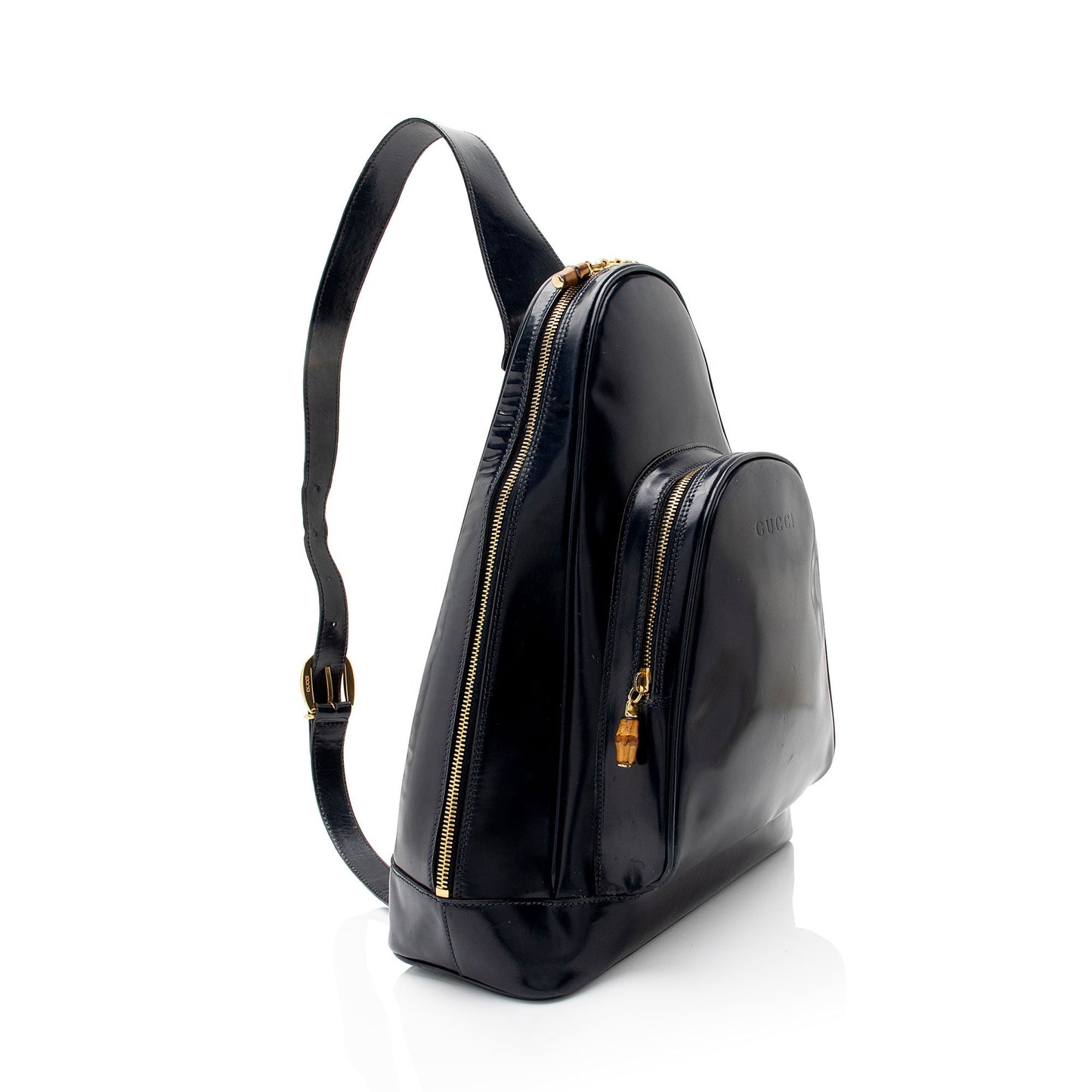 Gucci Vintage Patent Leather Bamboo Sling Backpack (SHF-dSK8BK)