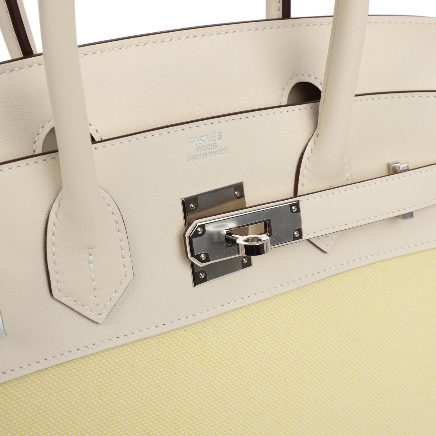 Hermes Birkin 30 Nata Swift and Jaune Poussin Toile Palladium Hardware