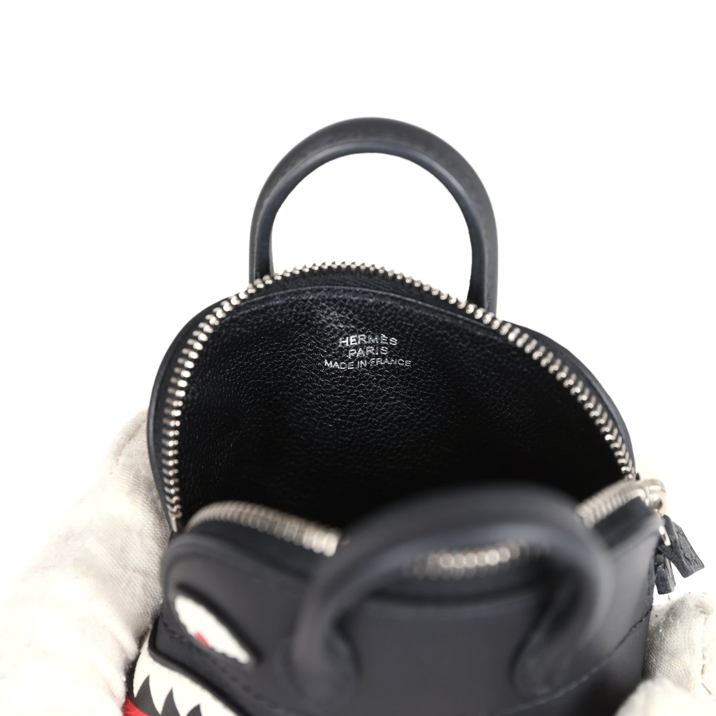 Hermes Mini Bolide Shark Bag Charm Black and White Swift Palladium Hardware