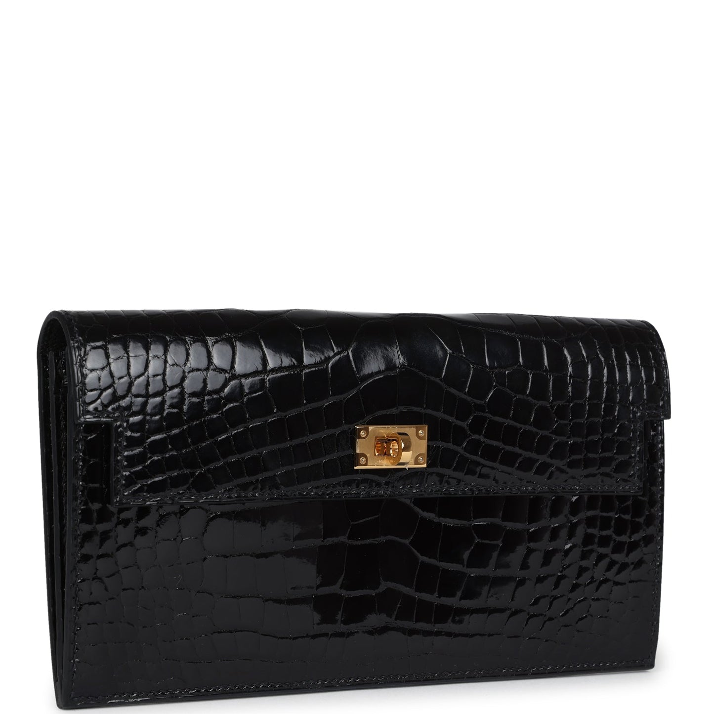 Hermes Kelly Pocket Long Wallet Black Shiny Alligator Gold Hardware