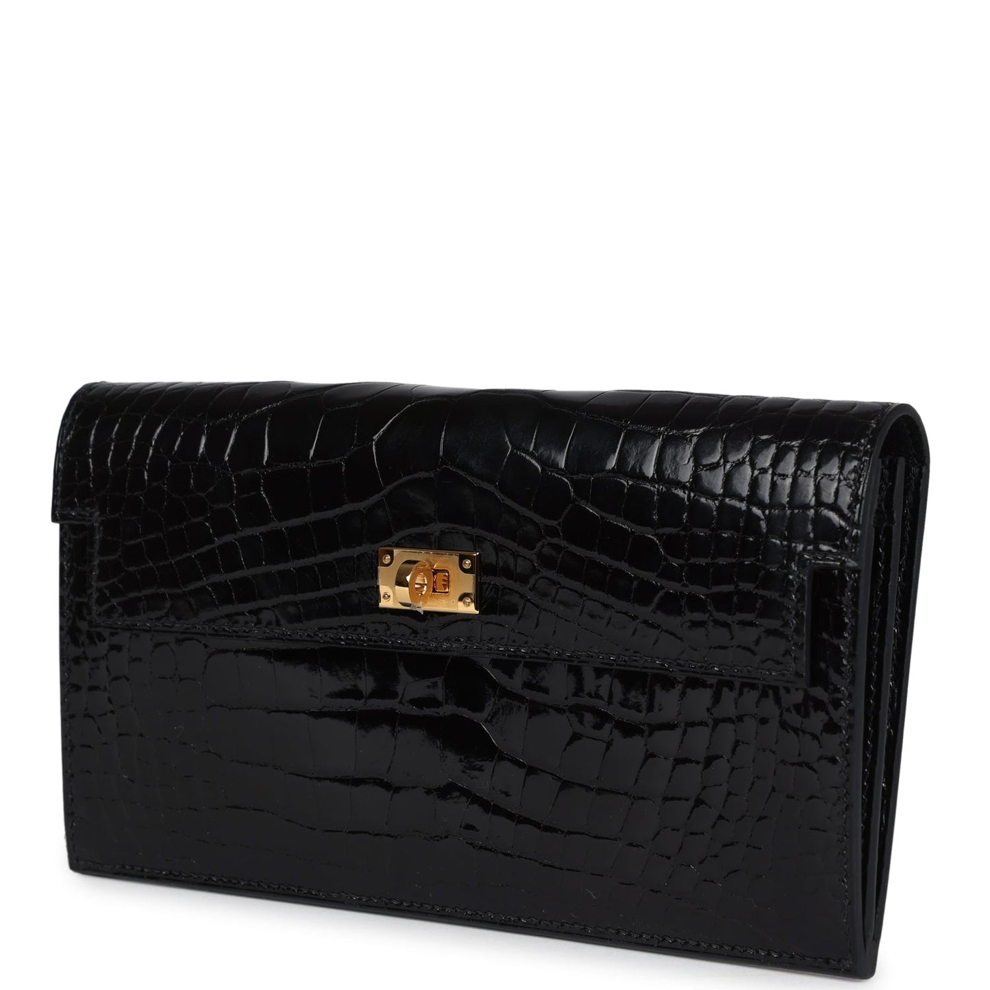 Hermes Kelly Pocket Long Wallet Black Shiny Alligator Gold Hardware