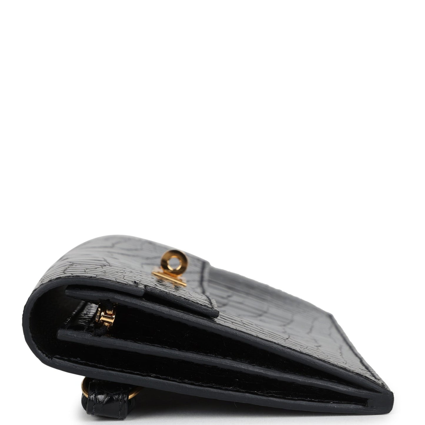 Hermes Kelly Pocket Long Wallet Black Shiny Alligator Gold Hardware