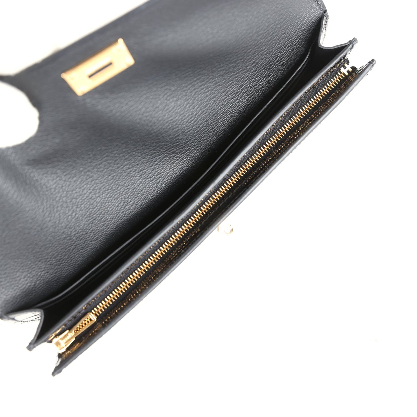 Hermes Kelly Pocket Long Wallet Black Shiny Alligator Gold Hardware