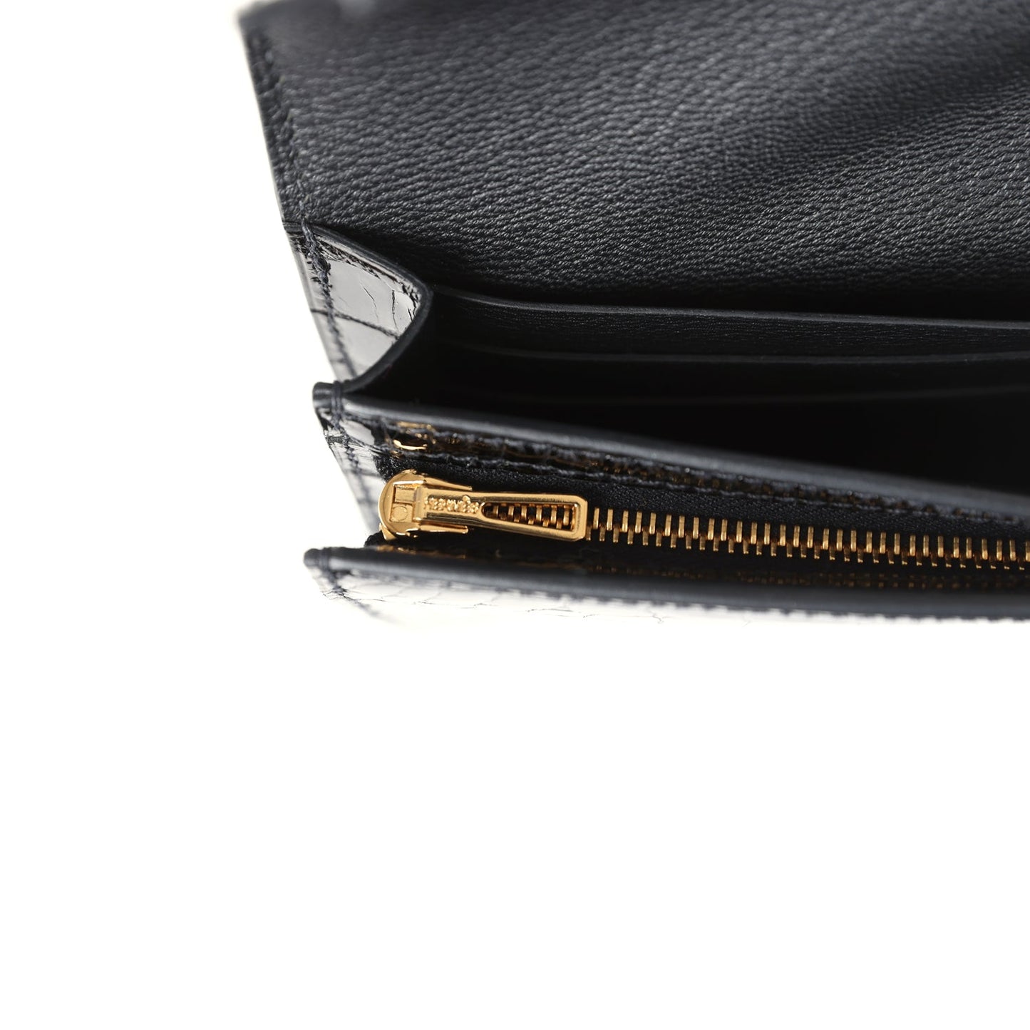 Hermes Kelly Pocket Long Wallet Black Shiny Alligator Gold Hardware